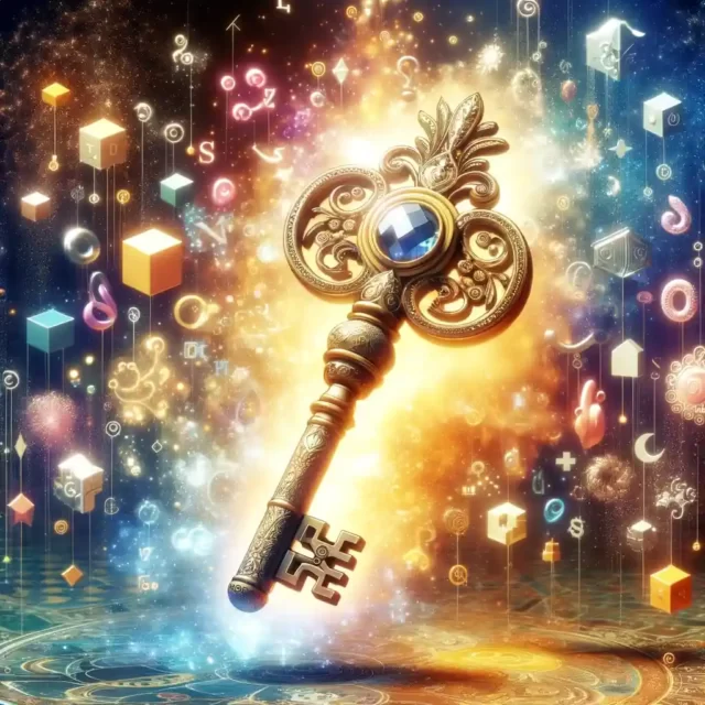 symbolic representation of 'Essential Keywords' in an anime style. The scene includes a large, ornate golden key with intricate designs