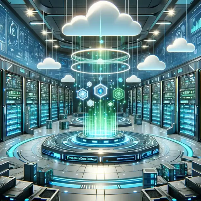 depiction of 'First-Party Data Strategy'. The image features a futuristic data center, with glowing blue and green lights